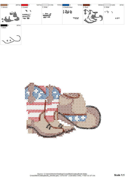 Cross stitch Cowboy Boots and Hat USA flag patterned patriotic 4th of