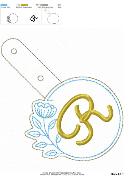 Round Circle Floral Monogram Keychain