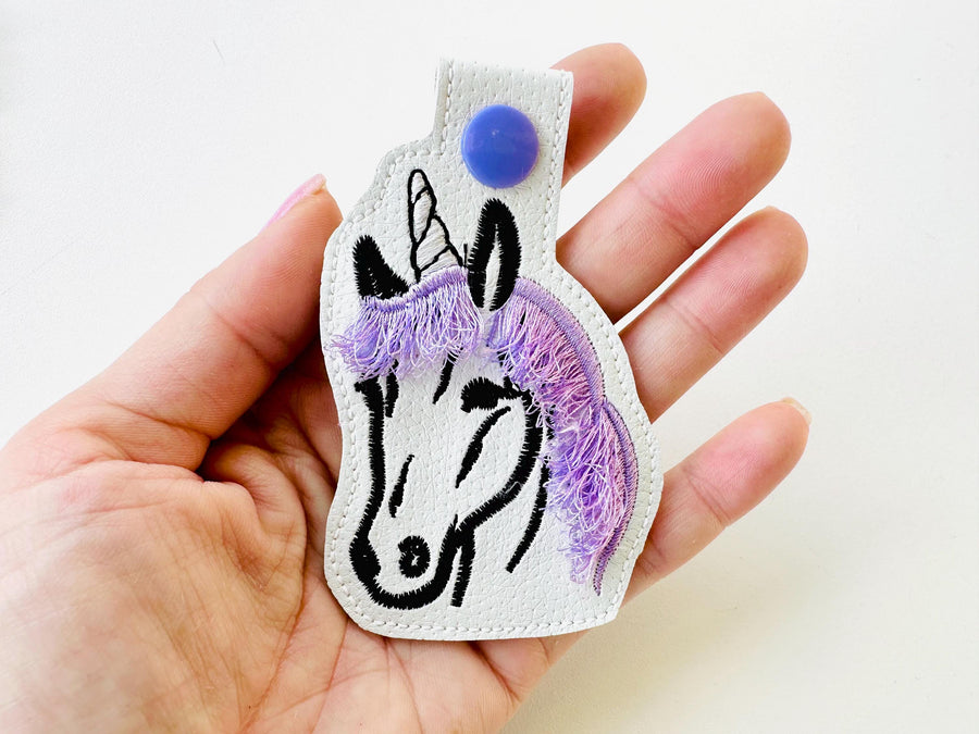Unicorn face Key Fob Snap Tab and Eyelet girls keychain in the hoop