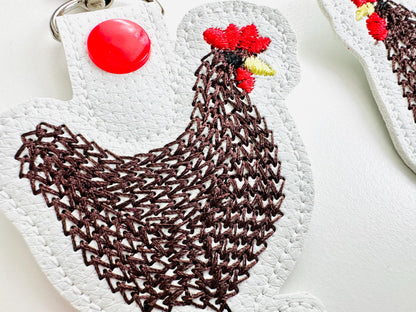 Chain stitch Cute Chicken 2 types Key Fob snap tab and Eyelet ITH in