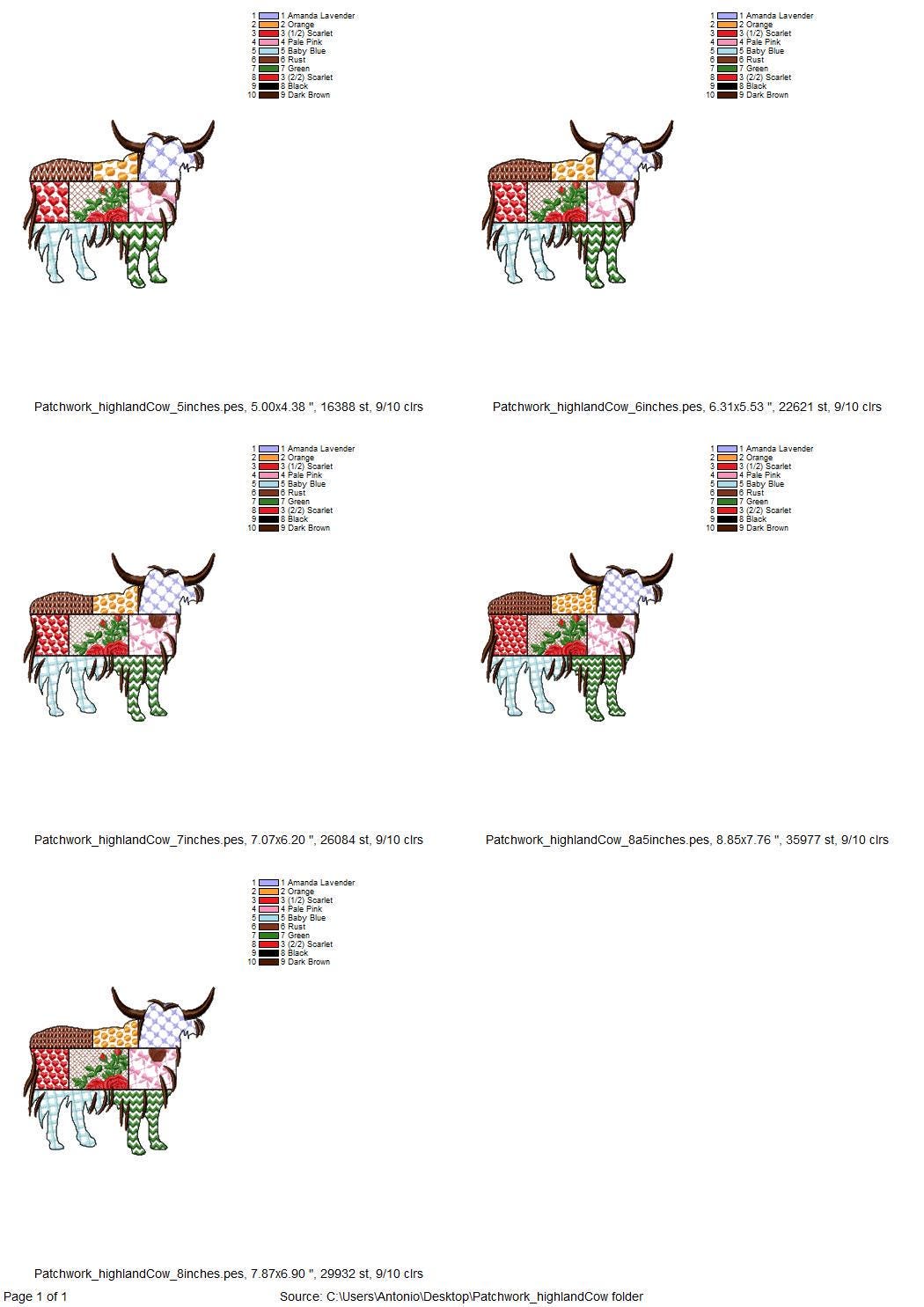Patchwork Highland Cow patterned Cow silhouette machine embroidery