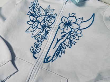 Split floral Bull Cow Head slips front hoodie zipper highland cow