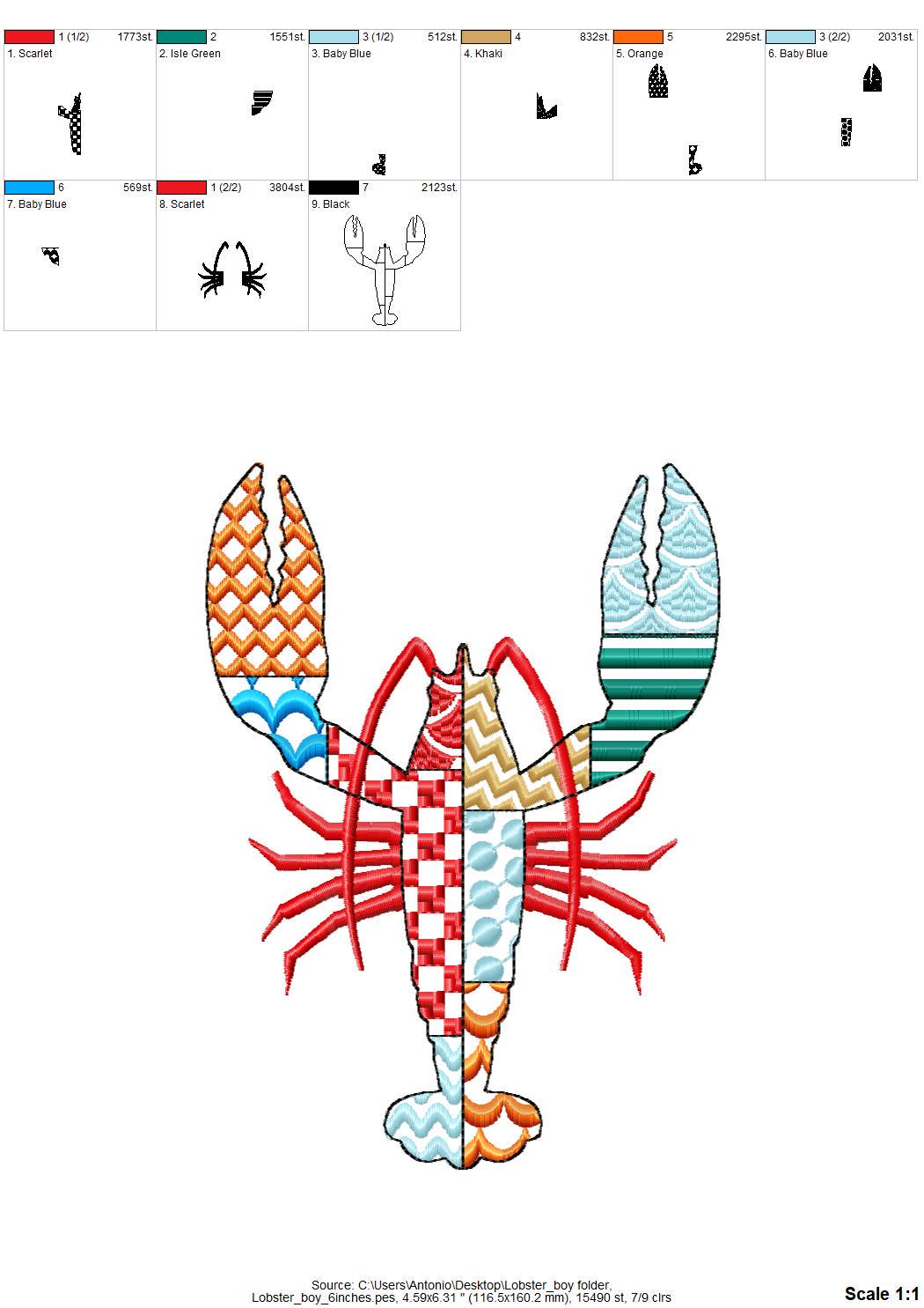Patchwork Lobster Crawfish patterned sea ocean fish outline boy machine