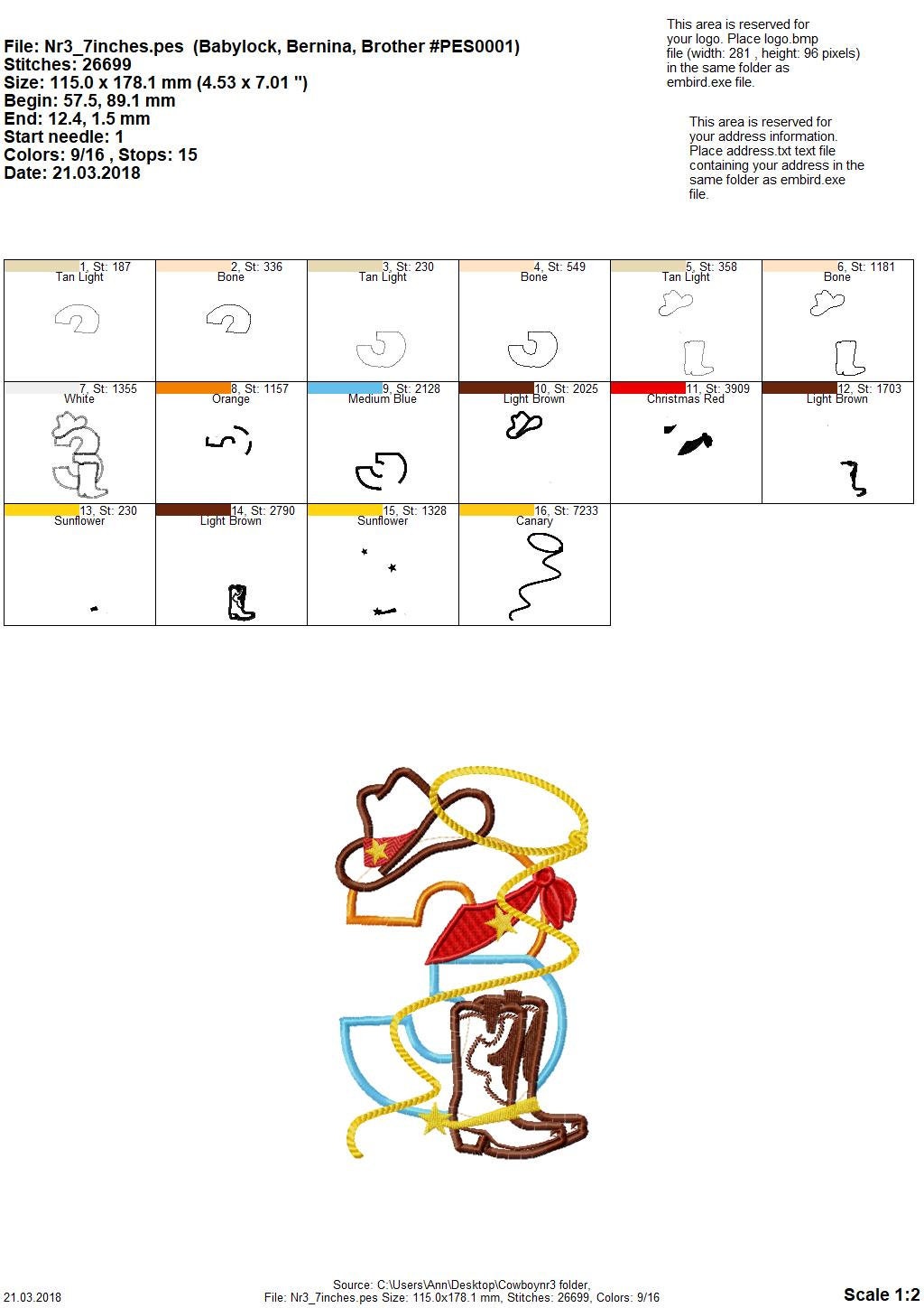 Little Cowboy Birthday Number 3 THREE wide satin stitch Applique