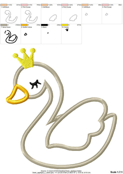 Swan embroidery appliqué designs, swan pattern applique machine