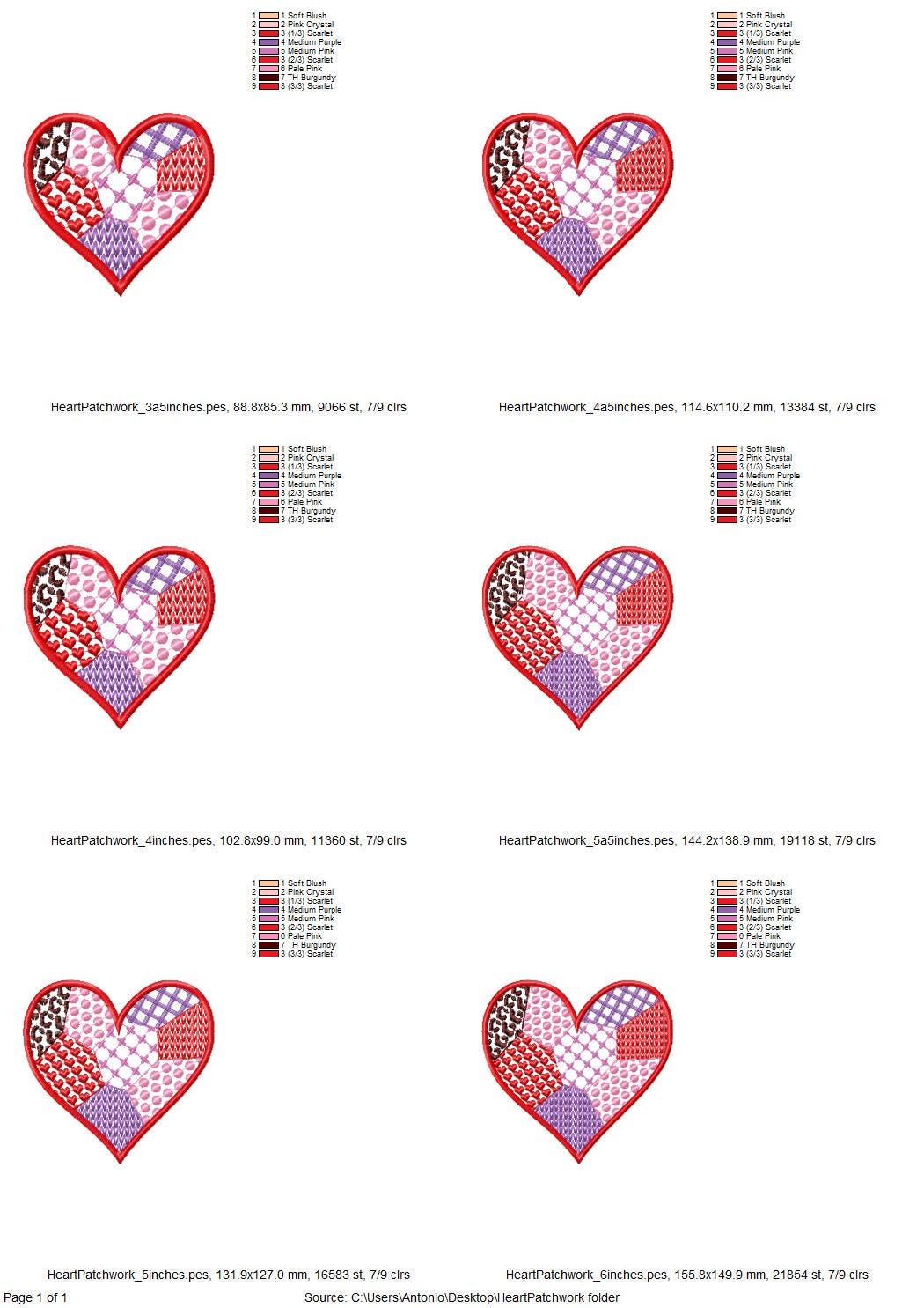 Patchwork Heart Valentine patterned Heart Applique machine embroidery