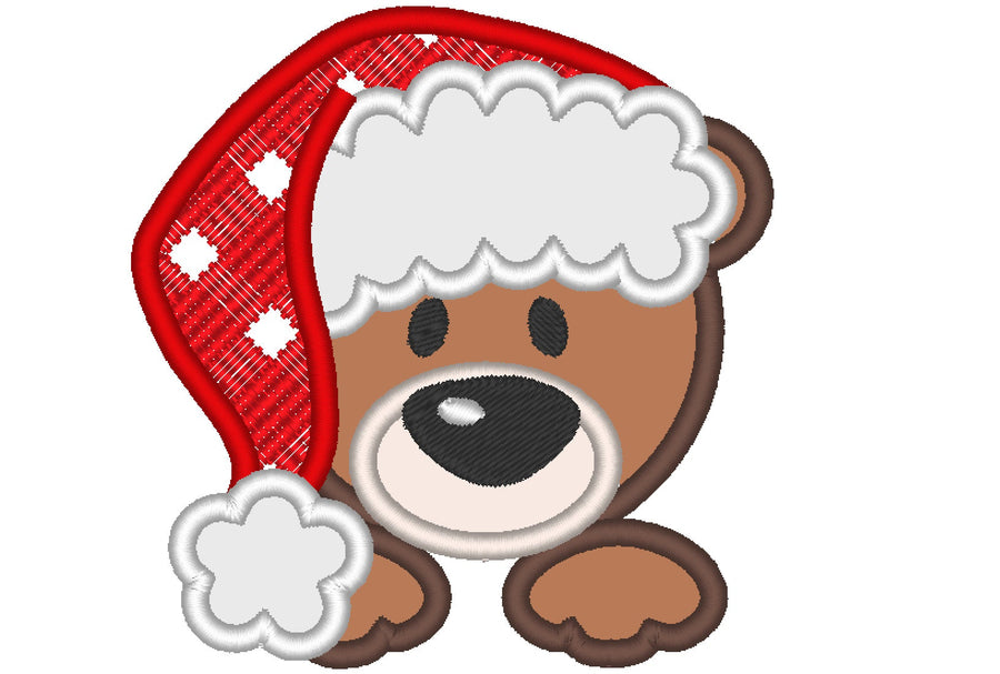 Teddy bear with Plaid Checked Christmas Santa hat machine applique