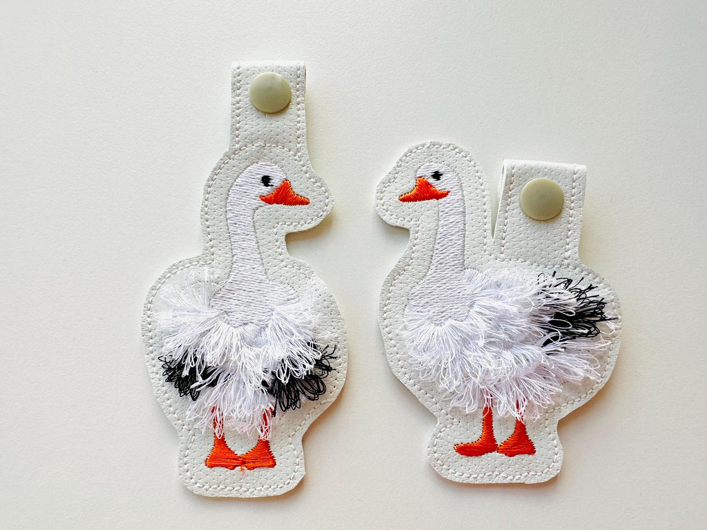 Fringed Geese key fob snap tab SET of 2 Goose keychain in the hoop