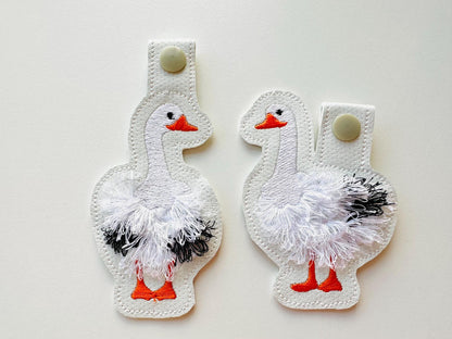 Fringed Geese key fob snap tab SET of 2 Goose keychain in the hoop