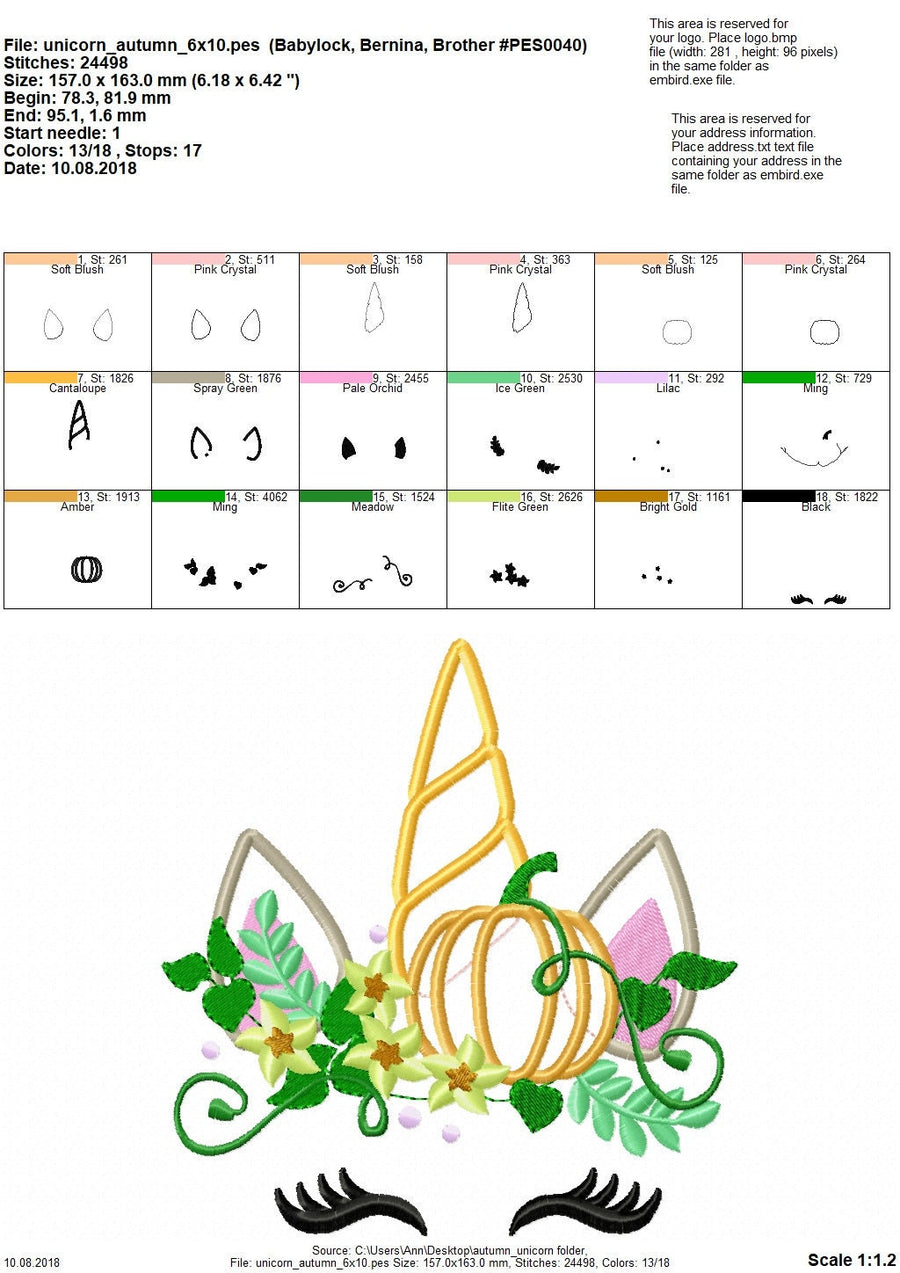 Fall Pumpkin Unicorn Head Applique