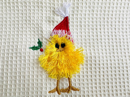 Christmas Holly Chick fringed fur chenille fluffy Chick with Santa Hat