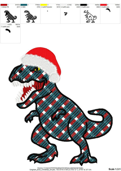 Gingham Plaid Patterned T-Rex Santa