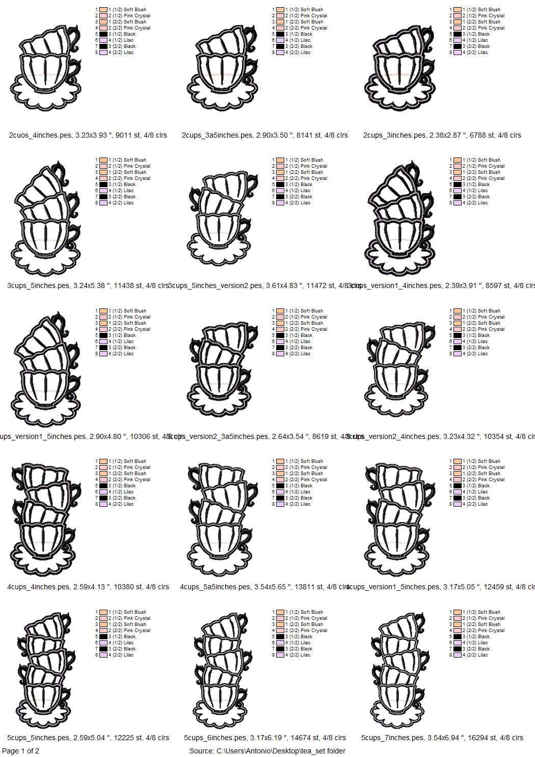 Tea Party Teapot and Stacked teacups Applique SET of 7 types curved