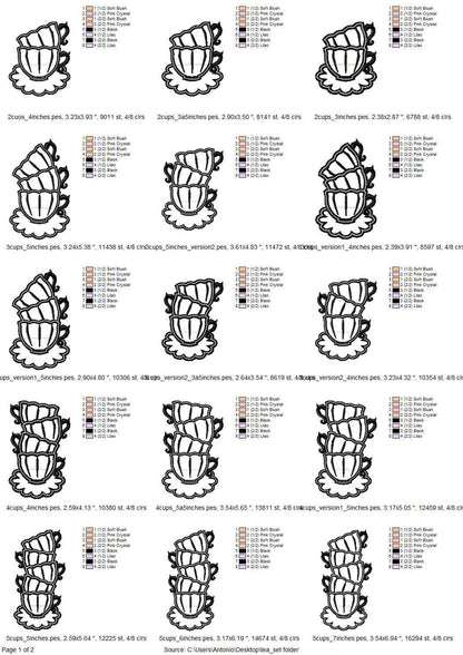 Tea Party Teapot and Stacked teacups Applique SET of 7 types curved