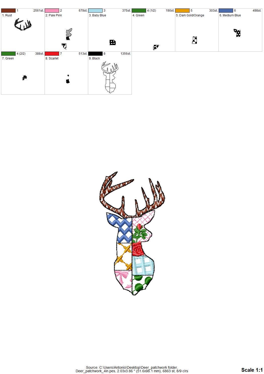 Patchwork Deer Head patterned Buck Deer face machine embroidery designs