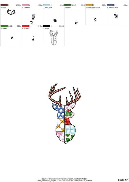 Patchwork Deer Head patterned Buck Deer face machine embroidery designs