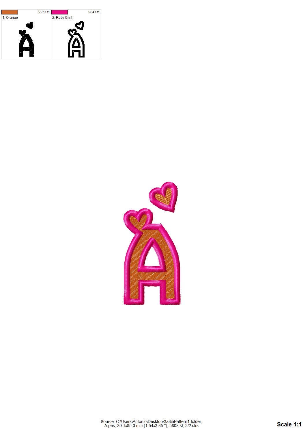 Heart Monogram FONT fill stitch and satin outline alphabet SET of 2