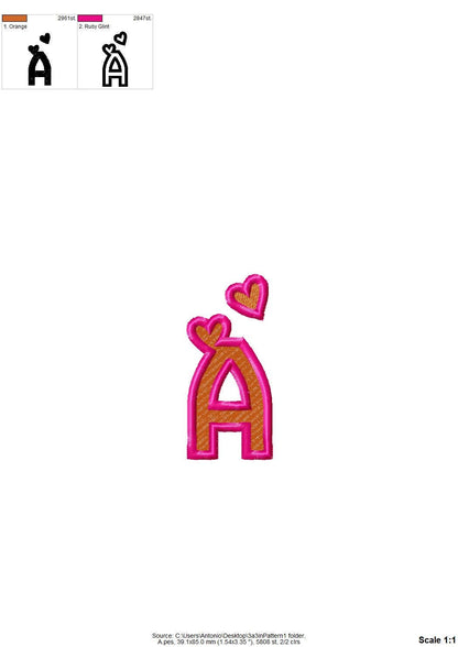 Heart Monogram FONT fill stitch and satin outline alphabet SET of 2