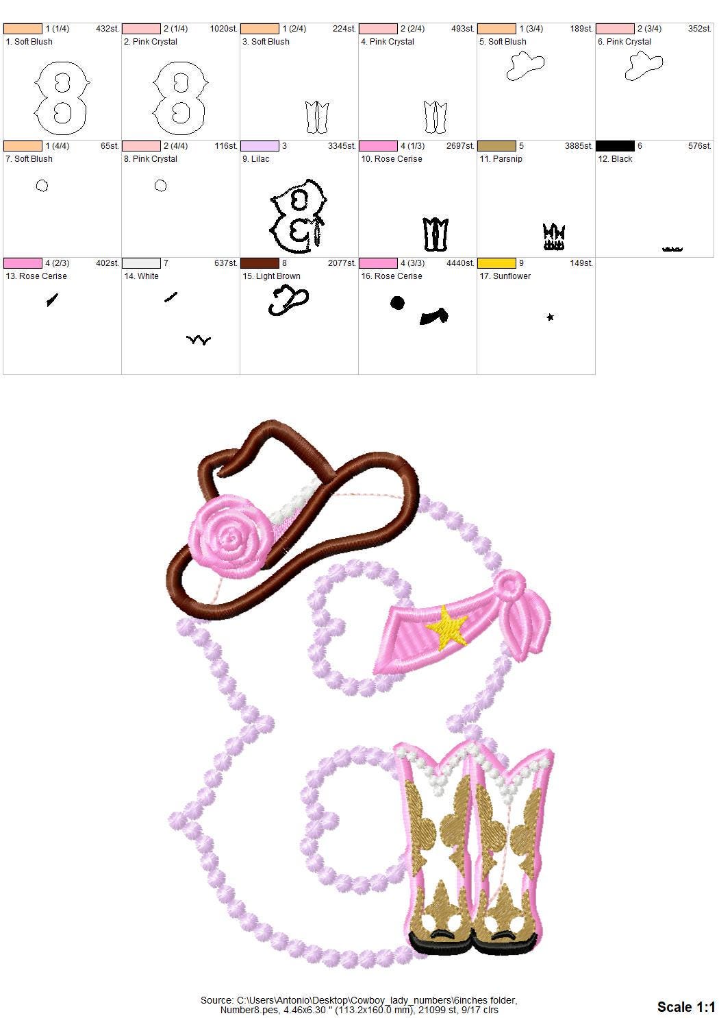 Lady Cowboy Birthday numbers whole set of numbers 1-9 Applique machine