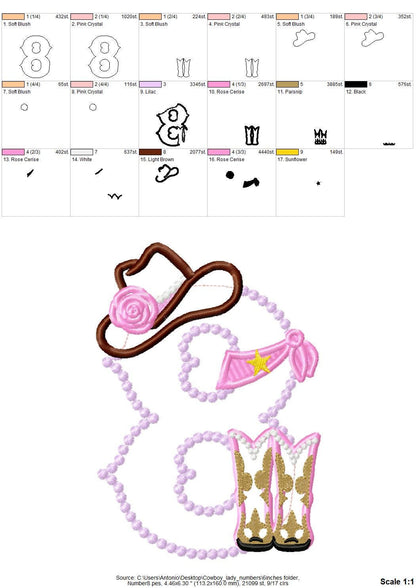 Lady Cowboy Birthday numbers whole set of numbers 1-9 Applique machine