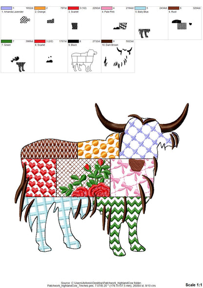 Patchwork Highland Cow patterned Cow silhouette machine embroidery