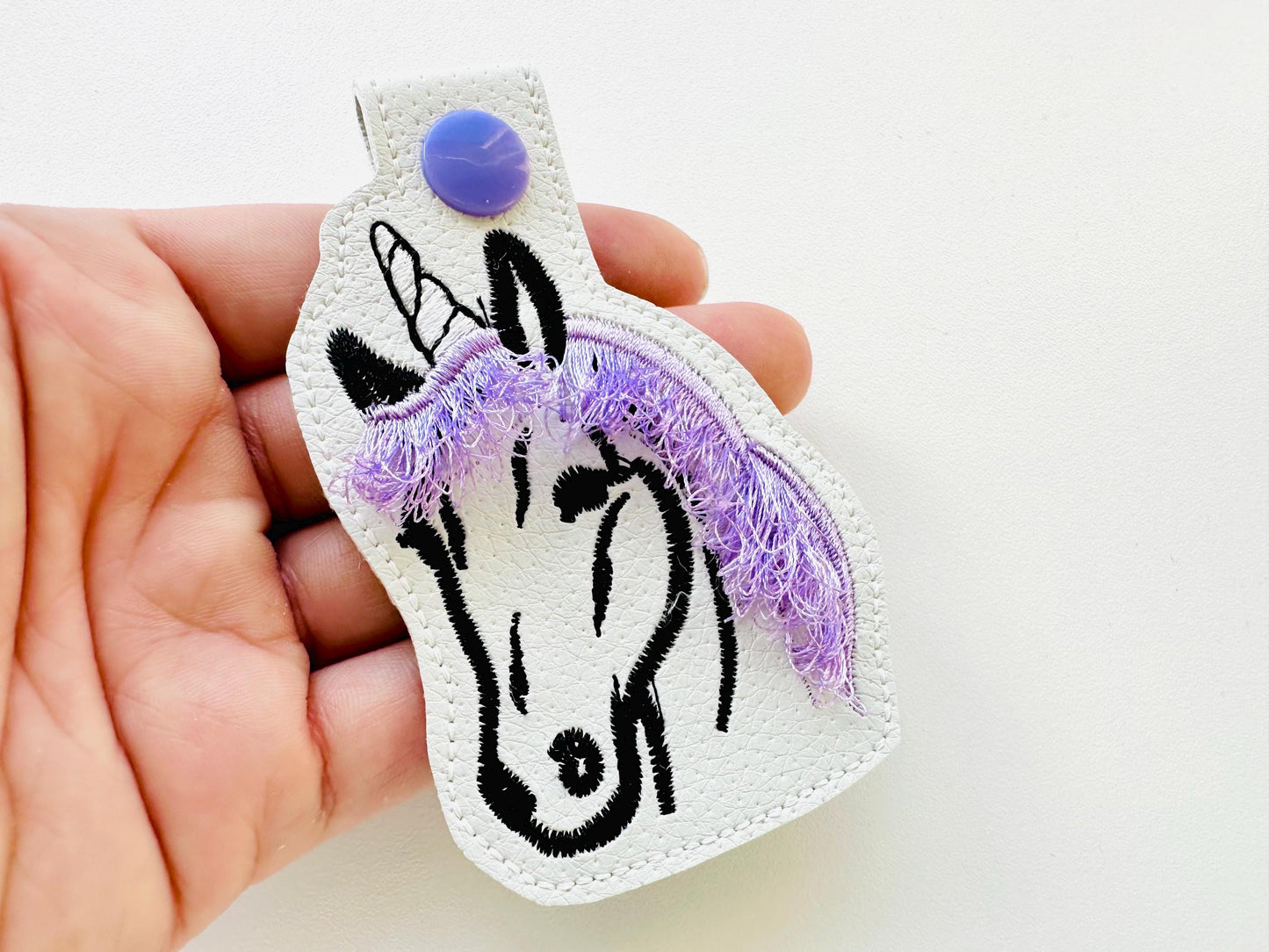 Unicorn face Key Fob Snap Tab and Eyelet girls keychain in the hoop