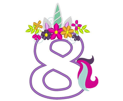 Floral Unicorn with Tail Birthday Numbers Applique