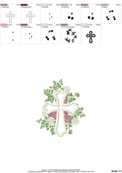 Floral Rose Cross Outline Applique