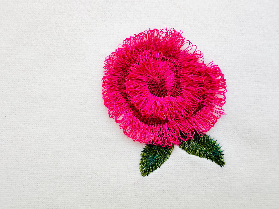 Small mini fringed fluffy Rose Peony Monogram accent machine embroidery
