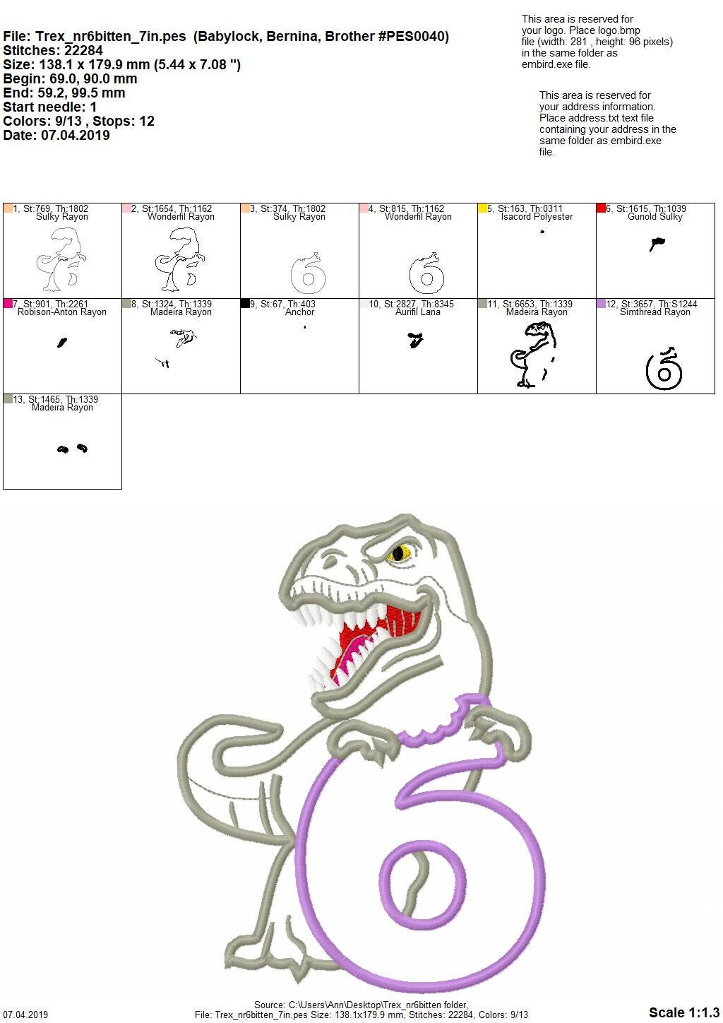 T-Rex Birthday Number Six Applique