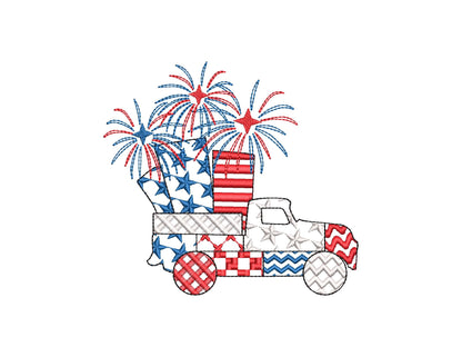 Patriotic Patchwork Red Truck with Fireworks patterned Truck outline