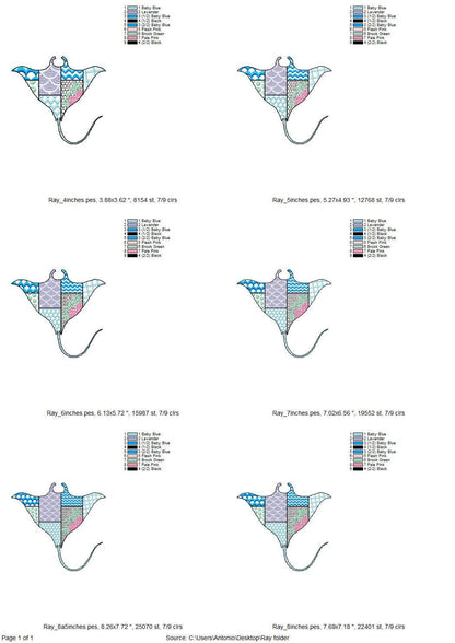 Patchwork Ray patterned sea life ocean animal Skate fish outline