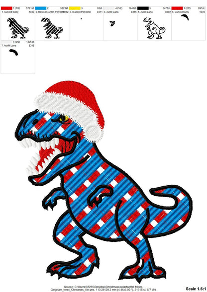 Gingham Plaid Patterned T-Rex Santa