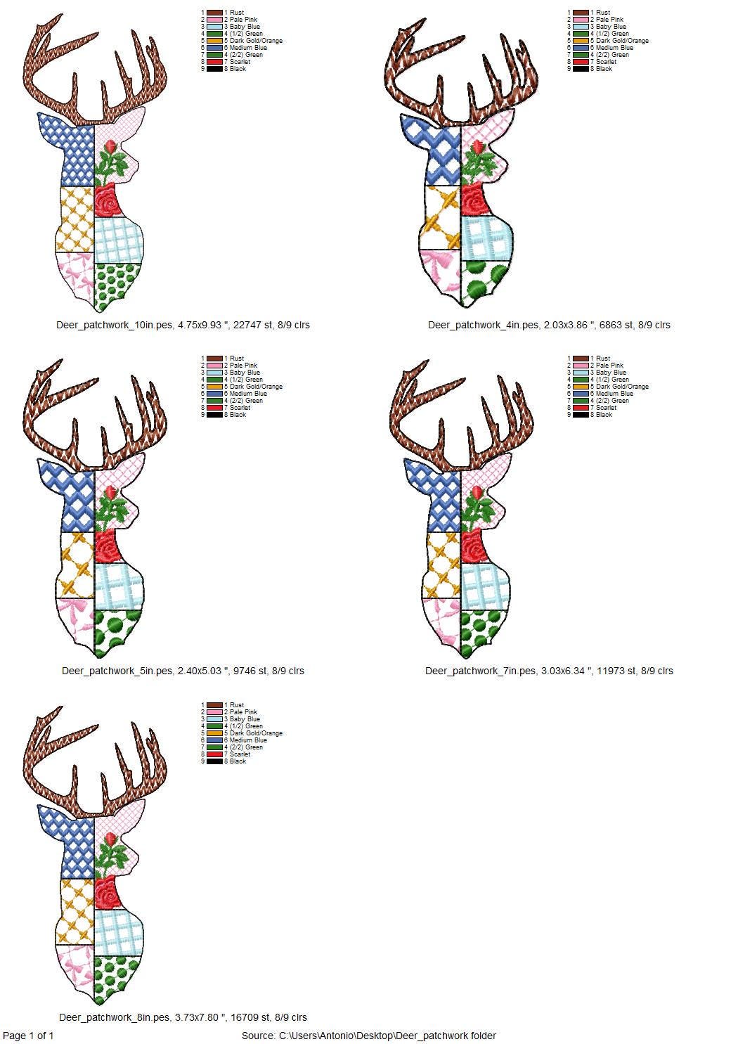Patchwork Deer Head patterned Buck Deer face machine embroidery designs