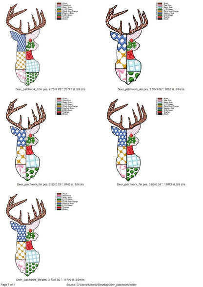Patchwork Deer Head patterned Buck Deer face machine embroidery designs