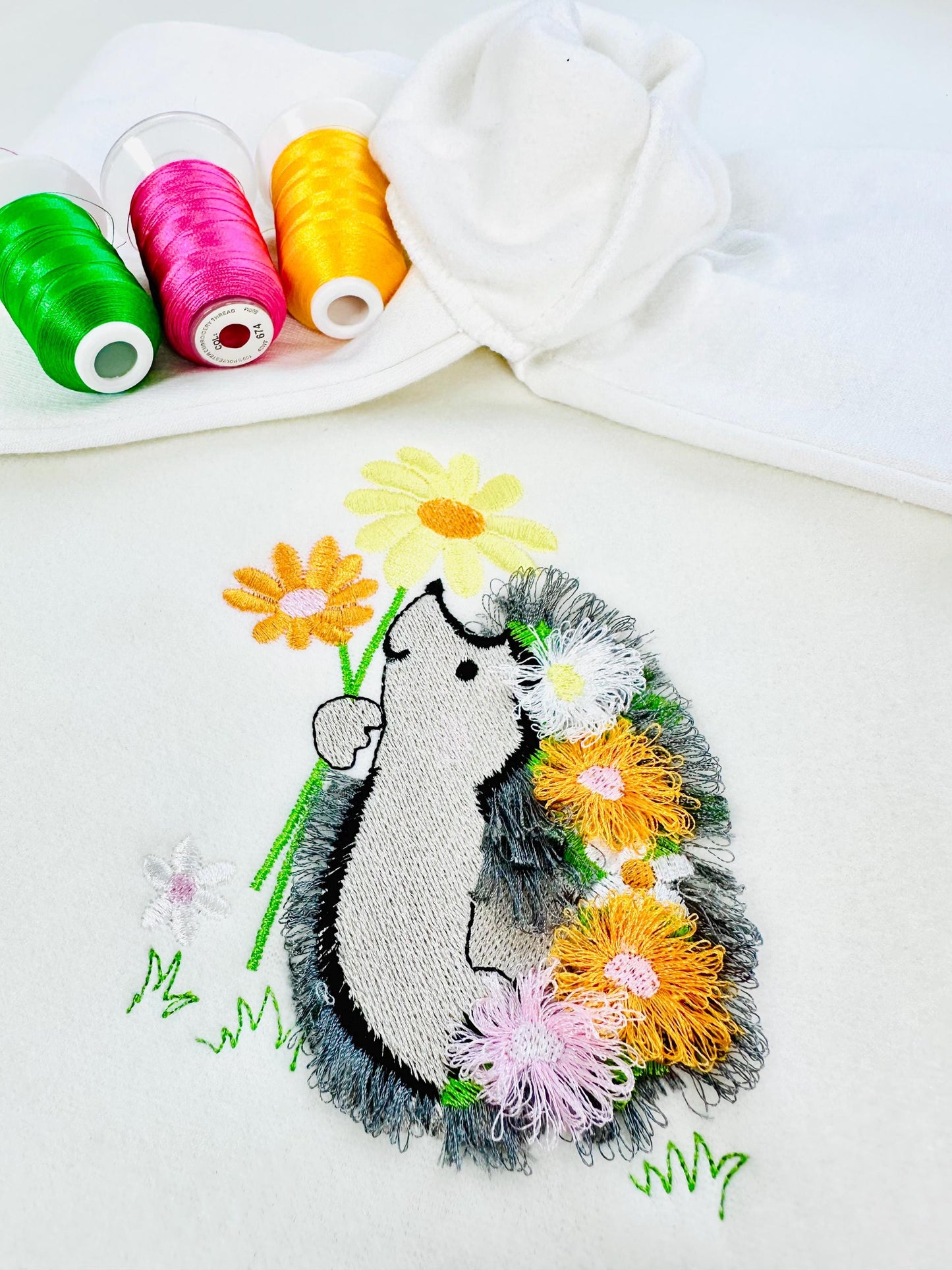Cute Fringed Fluffy Hedgehog with flower stem Floral Fringe machine