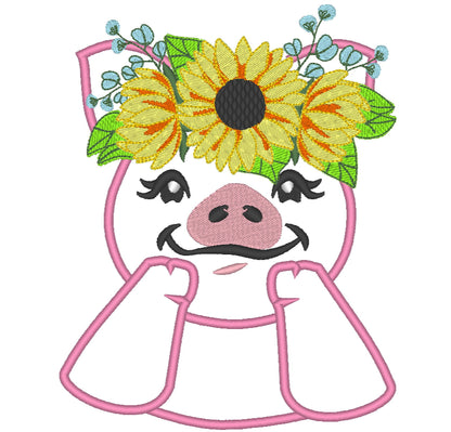 Sunflower Piggy girl, Ms Pig Piggie with fall autumn sunflower floral