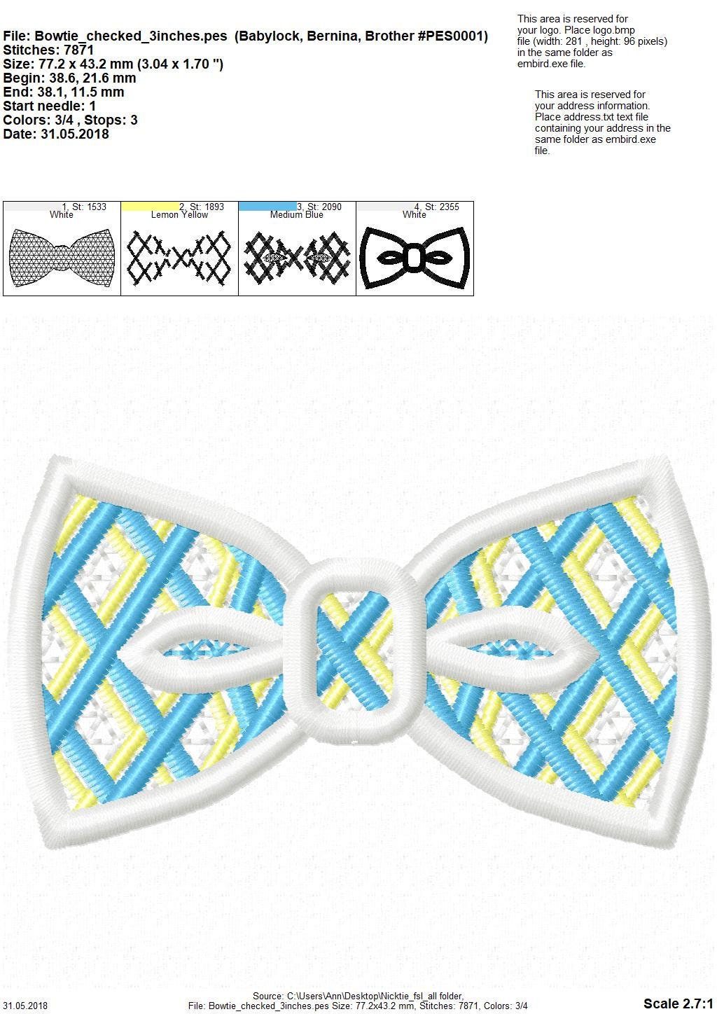 Checked Lace little boy Bow Tie FSL Freestanding machine embroidery