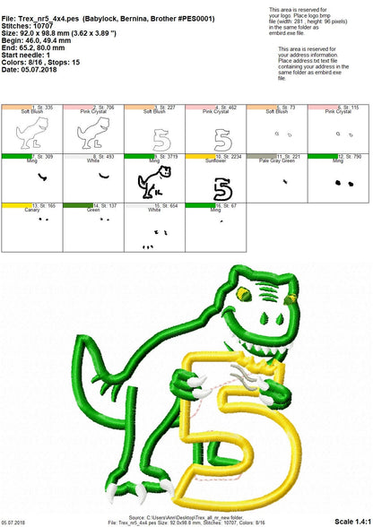 T-rex dinosaur Birthday number FIVE 5 machine embroidery Birthday