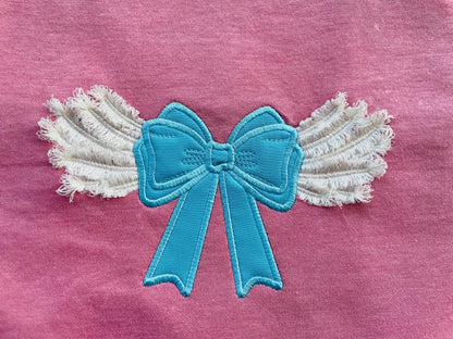 Fringed Angel wings fluffy feathers side Bow split seam in the hoop
