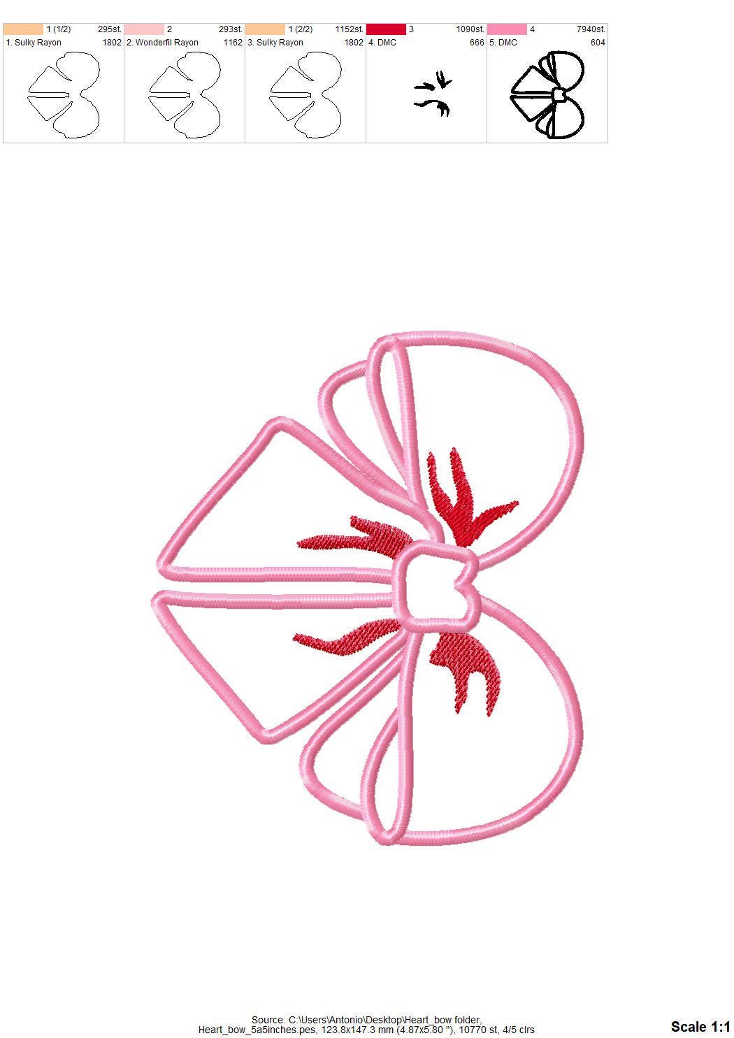 Valentine Heart Split Side Bow Applique