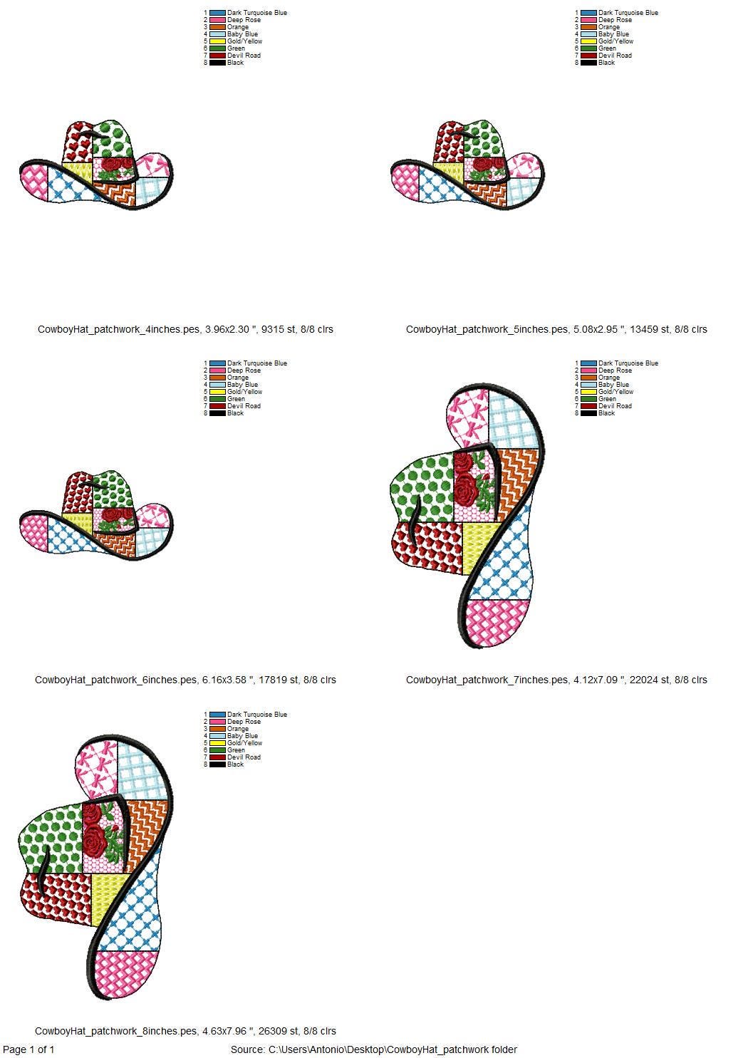 Patchwork Cowboy Hat patterned silhouette outline machine embroidery