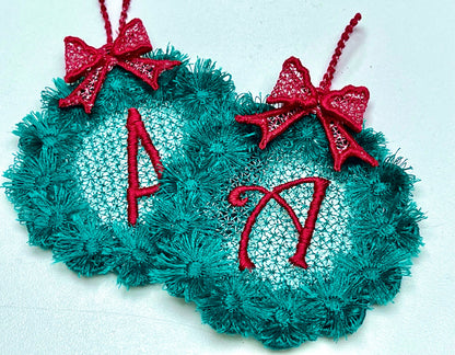 Christmas Fringed Wreath Ornament with Monogram