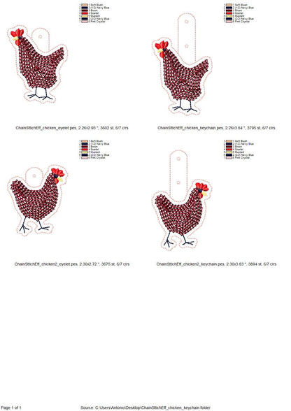 Chain stitch Cute Chicken 2 types Key Fob snap tab and Eyelet ITH in