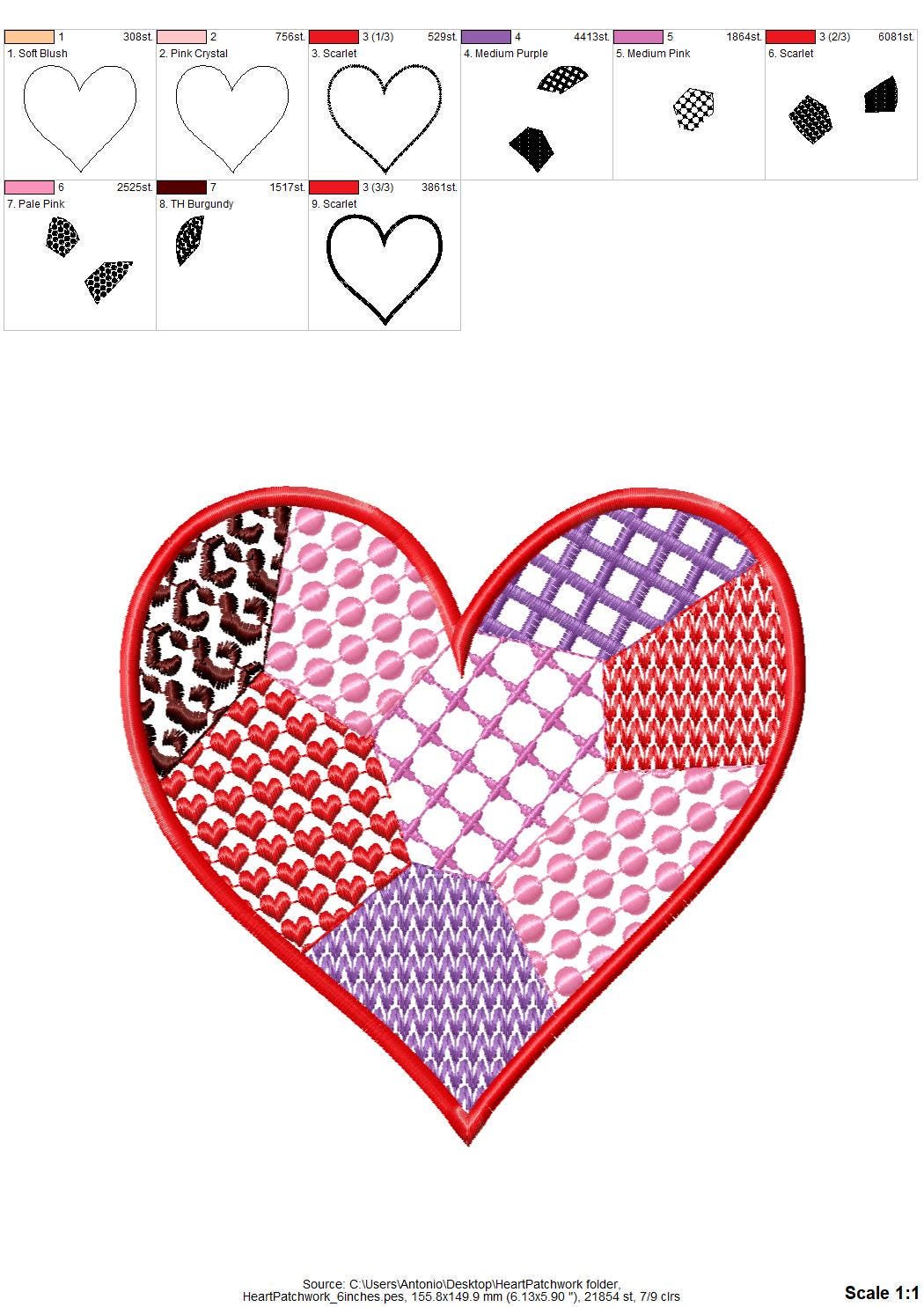 Patchwork Heart Valentine patterned Heart Applique machine embroidery