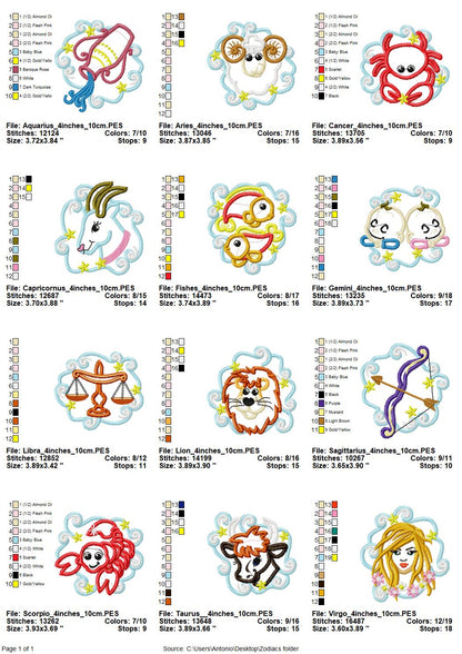 Zodiac Astrology Sign Set of 12 – Sizes 4" Digital Embroidery File | Artapli