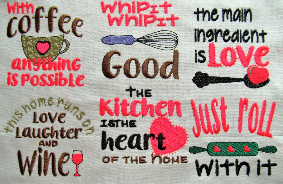 Cooking Saying Set of 6 Quote machine embroidery designs ingredient kitchen coffee whip it