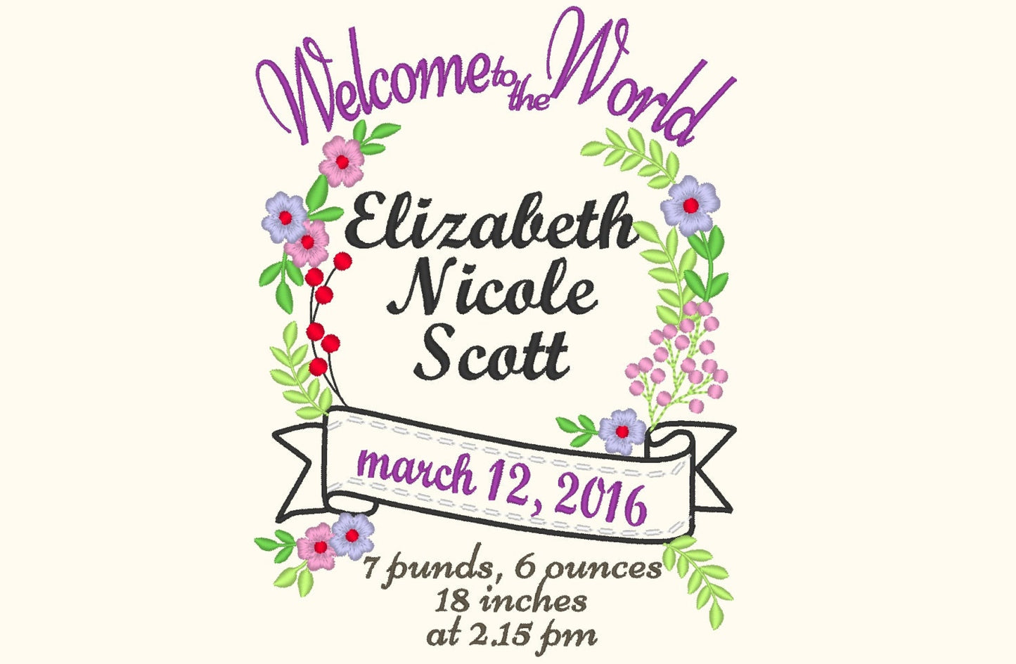 Floral Baby Birth Announcement monogram frame with banner and mini Font SET machine embroidery designs
