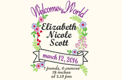 Floral Baby Birth Announcement monogram frame with banner and mini Font SET machine embroidery designs
