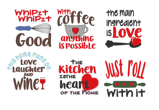 Cooking Saying Set of 6 Quote machine embroidery designs ingredient kitchen coffee whip it
